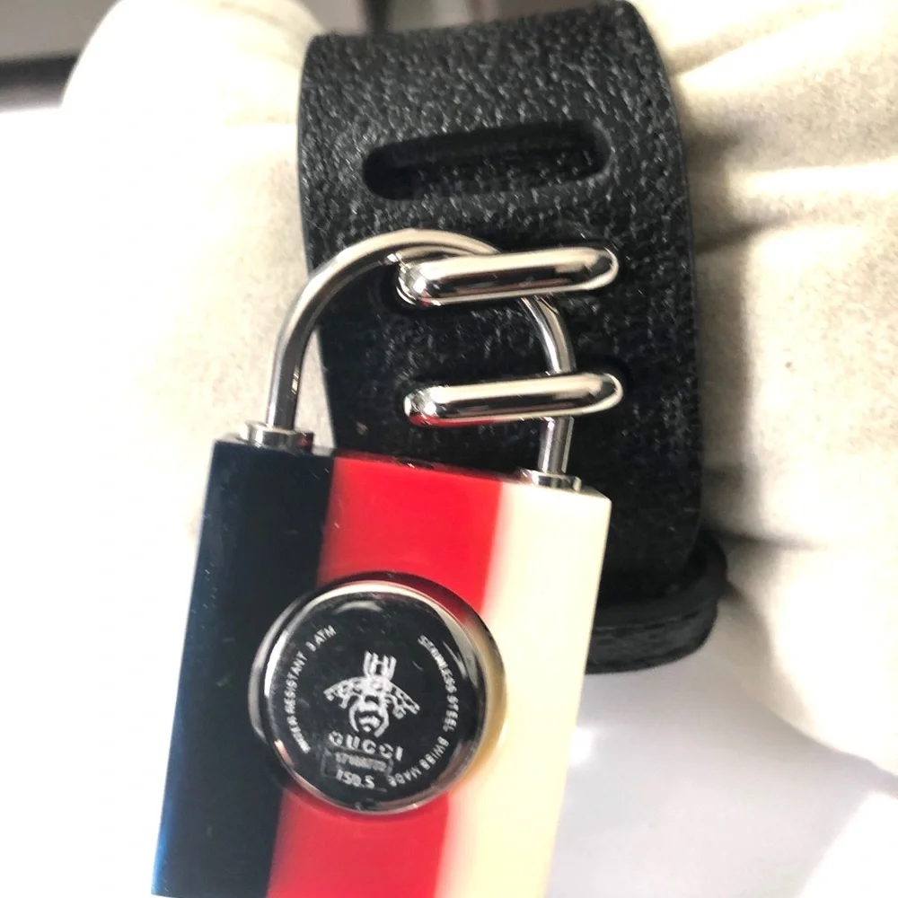 Gucci Black Leather Bracelet Watch with Red, White & Blue Pendant